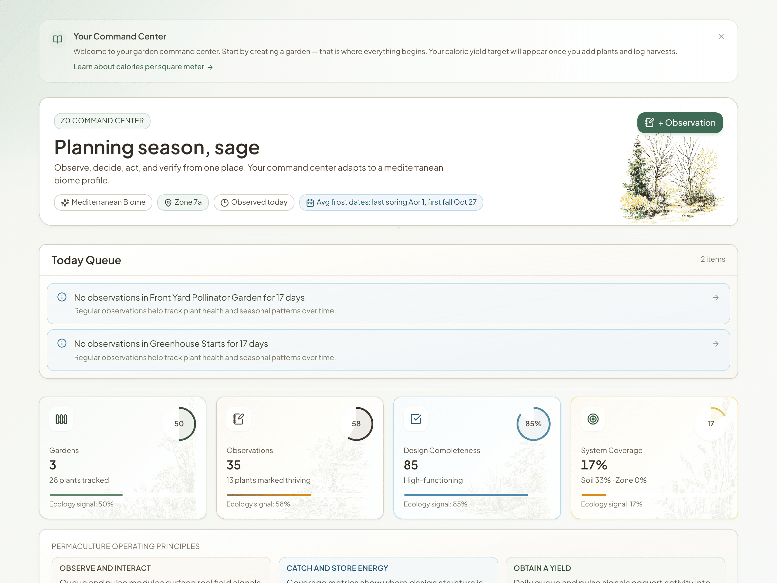 PatternBase command center dashboard showing seasonal greeting, planting queue, design completeness score, soil health, and community activity feed